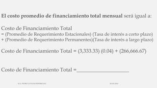 El costo promedio de financiamiento total mensual será igual a:
Costo de Financiamiento Total
= (Promedio de Requerimiento Estacionales) (Tasa de interés a corto plazo)
+ (Promedio de Requerimiento Permanentes)(Tasa de interés a largo plazo)
Costo de Financiamiento Total = (3,333.33) (0.04) + (266,666.67)
Costo de Financiamiento Total =____________________
30/03/2014M.A. PEDRO LUVIANO RODRIGUEZ.
 