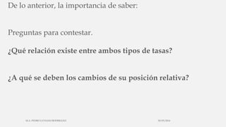 De lo anterior, la importancia de saber:
Preguntas para contestar.
¿Qué relación existe entre ambos tipos de tasas?
¿A qué se deben los cambios de su posición relativa?
30/03/2014M.A. PEDRO LUVIANO RODRIGUEZ.
 