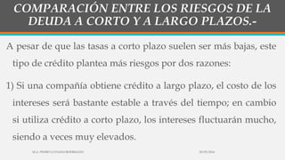 COMPARACIÓN ENTRE LOS RIESGOS DE LA
DEUDA A CORTO Y A LARGO PLAZOS.-
A pesar de que las tasas a corto plazo suelen ser más bajas, este
tipo de crédito plantea más riesgos por dos razones:
1) Si una compañía obtiene crédito a largo plazo, el costo de los
intereses será bastante estable a través del tiempo; en cambio
si utiliza crédito a corto plazo, los intereses fluctuarán mucho,
siendo a veces muy elevados.
30/03/2014M.A. PEDRO LUVIANO RODRIGUEZ.
 