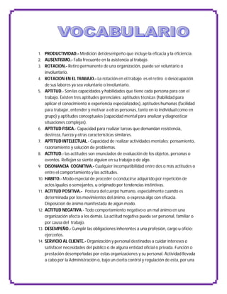 1. PRODUCTIVIDAD.- Medición del desempeño que incluye la eficacia y la eficiencia.
2. AUSENTISMO.- Falla frecuente en la asistencia al trabajo.
3. ROTACION.- Retiro permanente de una organización, puede ser voluntario o
      involuntario.
4.    ROTACION EN EL TRABAJO.- La rotación en el trabajo es el retiro o desocupación
      de sus labores ya sea voluntario o involuntario.
5.    APTITUD.- Son las capacidades y habilidades que tiene cada persona para con el
      trabajo. Existen tres aptitudes gerenciales: aptitudes técnicas (habilidad para
      aplicar el conocimiento o experiencia especializados), aptitudes humanas (facilidad
      para trabajar, entender y motivar a otras personas, tanto en lo individual como en
      grupo) y aptitudes conceptuales (capacidad mental para analizar y diagnosticar
      situaciones complejas).
6.    APTITUD FISICA.- Capacidad para realizar tareas que demandan resistencia,
      destreza, fuerza y otras características similares.
7.    APTITUD INTELECTUAL.- Capacidad de realizar actividades mentales; pensamiento,
      razonamiento y solución de problemas.
8.    ACTITUD.- las actitudes son enunciados de evaluación de los objetos, personas o
      eventos. Reflejan se siente alguien en su trabajo o de algo.
9.    DISONANCIA COGNITIVA.- Cualquier incompatibilidad entre dos o más actitudes o
      entre el comportamiento y las actitudes.
10.   HABITO.- Modo especial de proceder o conducirse adquirido por repetición de
      actos iguales o semejantes, u originado por tendencias instintivas.
11.   ACTITUD POSITIVA.- Postura del cuerpo humano, especialmente cuando es
      determinada por los movimientos del ánimo, o expresa algo con eficacia.
      Disposición de ánimo manifestada de algún modo.
12.   ACTITUD NEGATIVA.- Todo comportamiento negativo o un mal animo en una
      organización afecta a los demás. La actitud negativa puede ser personal, familiar o
      por causa del trabajo.
13.   DESEMPEÑO.- Cumplir las obligaciones inherentes a una profesión, cargo u oficio;
      ejercerlos.
14.   SERVICIO AL CLIENTE.- Organización y personal destinados a cuidar intereses o
      satisfacer necesidades del público o de alguna entidad oficial o privada. Función o
      prestación desempeñadas por estas organizaciones y su personal. Actividad llevada
      a cabo por la Administración o, bajo un cierto control y regulación de esta, por una
 