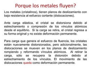 Los metales (cristalinos), tienen planos de deslizamiento con
baja resistencia al esfuerzo cortante (dislocaciones).
Ante carga elástica, el cristal se distorsiona debido al
estrechamiento o compresión de los vínculos atómicos
desde el equilibrio. Si la carga se retira, el cristal regresa a
su forma original y no existe deformación permanente.
Para carga que genera el esfuerzo de fluencia, los cristales
están nuevamente distorsionados, pero adicionalmente, las
dislocaciones se mueven en los planos de deslizamiento
rompiendo y reformando vínculos atómicos. Al retirar la
carga, sólo se recupera la distorsión debido al
estrechamiento de los vínculos. El movimiento de las
dislocaciones queda como deformación permanente.
Porque los metales fluyen?
 