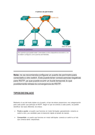 Nota: no se recomiendaconfigurar un puerto de perímetro para
conectarlo a otro switch. Esto puede tener consecuencias negativas
para RSTP,ya que puede ocurrir un bucle temporal, lo que
posiblemente retrase la convergencia de RSTP.
TIPOS DE ENLACE
Mediante el uso del modo dúplex en el puerto, el tipo de enlace proporciona una categorización
para cada puerto que participa en RSTP. Según lo que se conecta a cada puerto, se pueden
identificar dos tipos diferentes de enlace:
 Punto a punto: un puerto que funciona en modo full-duplex generalmente conecta un
switch a otro y es candidato para la transición rápida al estado de reenvío.
 Compartido: un puerto que funciona en modo half-duplex conecta un switch a un hub
que conecta varios dispositivos.
 