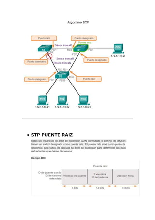  STP PUENTE RAIZ
todas las instancias de árbol de expansión (LAN conmutada o dominio de difusión)
tienen un switch designado como puente raíz. El puente raíz sirve como punto de
referencia para todos los cálculos de árbol de expansión para determinar las rutas
redundantes que deben bloquearse.
Campo BID
 