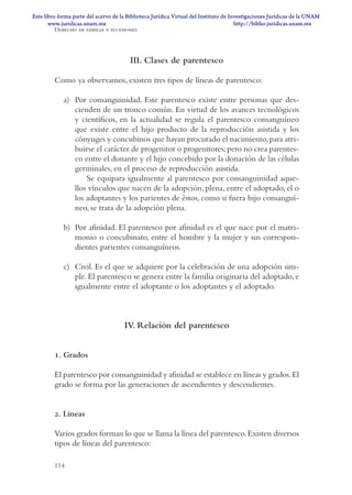 Derecho de familia y sucesiones
114
III. Clases de parentesco
Como ya observamos, existen tres tipos de líneas de parentesco:
a) Por consanguinidad. Este parentesco existe entre personas que des-
cienden de un tronco común. En virtud de los avances tecnológicos
y científicos, en la actualidad se regula el parentesco consanguíneo
que existe entre el hijo producto de la reproducción asistida y los
cónyuges y concubinos que hayan procurado el nacimiento,para atri-
buirse el carácter de progenitor o progenitores;pero no crea parentes-
co entre el donante y el hijo concebido por la donación de las células
germinales, en el proceso de reproducción asistida.
Se equipara igualmente al parentesco por consanguinidad aque-
llos vínculos que nacen de la adopción, plena, entre el adoptado, el o
los adoptantes y los parientes de éstos, como si fuera hijo consanguí-
neo, se trata de la adopción plena.
b) Por afinidad. El parentesco por afinidad es el que nace por el matri-
monio o concubinato, entre el hombre y la mujer y sus correspon-
dientes parientes consanguíneos.
c) Civil. Es el que se adquiere por la celebración de una adopción sim-
ple. El parentesco se genera entre la familia originaria del adoptado, e
igualmente entre el adoptante o los adoptantes y el adoptado.
IV
. Relación del parentesco
1. Grados
El parentesco por consanguinidad y afinidad se establece en líneas y grados.El
grado se forma por las generaciones de ascendientes y descendientes.
2. Líneas
Varios grados forman lo que se llama la línea del parentesco.Existen diversos
tipos de líneas del parentesco:
DERECHO DE FAMILIA Y SUCESIONES TEXT.indd 114 14/5/10 10:31:51
www.juridicas.unam.mx
Este libro forma parte del acervo de la Biblioteca Jurídica Virtual del Instituto de Investigaciones Jurídicas de la UNAM
http://biblio.juridicas.unam.mx
 