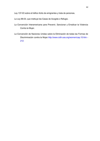 82 
Ley 137-03 sobre el tráfico ilícito de emigrantes y trata de personas. 
La Ley 88-03, que instituye las Casas de Acogida o Refugio. 
La Convención Interamericana para Prevenir, Sancionar y Erradicar la Violencia 
Contra la Mujer. 
La Convención de Naciones Unidas sobre la Eliminación de todas las Formas de 
Discriminación contra la Mujer.http://www.cidh.oas.org/women/cap.10.htm - 
212 
