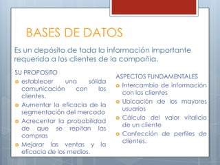 BASES DE DATOSEs un depósito de toda la información importante requerida a los clientes de la compañía.SU PROPOSITOestablecer una sólida comunicación con los clientes.Aumentar la eficacia de la segmentación del mercadoAcrecentar la probabilidad de que se repitan las comprasMejorar las ventas y la eficacia de los medios.ASPECTOS FUNDAMENTALESIntercambio de información con los clientesUbicación de los mayores usuariosCálculo del valor vitalicio de un clienteConfección de perfiles de clientes.