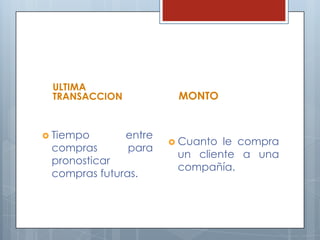 ULTIMA TRANSACCIONTiempo entre compras para pronosticar compras futuras.MONTOCuanto le compra un cliente a una compañía.