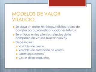 MODELOS DE VALOR VITALICIOSe basa en datos históricos, hábitos reales de compra para pronosticar acciones futuras.Se enfoca en los clientes selectos de la compañía en ves de buscar nuevos.Debe incluir:Variables de precioVariables de promoción de ventasGastos publicitariosCostos delos productos.