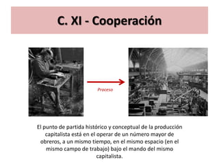 C. XI - Cooperación



                        Proceso




El punto de partida histórico y conceptual de la producción
    capitalista está en el operar de un número mayor de
 obreros, a un mismo tiempo, en el mismo espacio (en el
    mismo campo de trabajo) bajo el mando del mismo
                           capitalista.
 