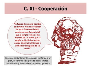 C. XI - Cooperación

         “la fuerza de un solo hombre
         es mínima, más la asociación
           de estas fuerzas mínimas
           conforma una fuerza total
           que la simple suma de las
          mismas, de tal modo que la
          simple unión de las fuerzas
         puede disminuir el tiempo y
           aumentar el espacio de su
                    acción”



Al actuar conjuntamente con otros conforme a un
    plan, el obrero de desprende de sus límites
 individuales y desarrolla su capacidad genérica
 