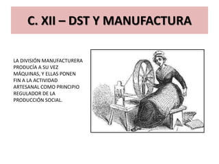C. XII – DST Y MANUFACTURA

LA DIVISIÓN MANUFACTURERA
PRODUCÍA A SU VEZ
MÁQUINAS, Y ELLAS PONEN
FIN A LA ACTIVIDAD
ARTESANAL COMO PRINCIPIO
REGULADOR DE LA
PRODUCCIÓN SOCIAL.
 