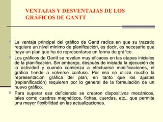 VENTAJAS Y DESVENTAJAS DE LOS
        GRÁFICOS DE GANTT



 La ventaja principal del gráfico de Gantt radica en que su trazado
  requiere un nivel mínimo de planificación, es decir, es necesario que
  haya un plan que ha de representarse en forma de gráfico.
 Los gráficos de Gantt se revelan muy eficaces en las etapas iniciales
  de la planificación. Sin embargo, después de iniciada la ejecución de
  la actividad y cuando comienza a efectuarse modificaciones, el
  gráfico tiende a volverse confuso. Por eso se utiliza mucho la
  representación gráfica del plan, en tanto que los ajustes
  (replanificación) requieren por lo general de la formulación de un
  nuevo gráfico.
 Para superar esa deficiencia se crearon dispositivos mecánicos,
  tales como cuadros magnéticos, fichas, cuerdas, etc., que permite
  una mayor flexibilidad en las actualizaciones.
 