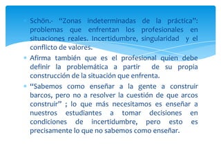 Schön.- “Zonas indeterminadas de la práctica”:
problemas que enfrentan los profesionales en
situaciones reales. Incertidumbre, singularidad y el
conflicto de valores.
Afirma también que es el profesional quien debe
definir la problemática a partir de su propia
construcción de la situación que enfrenta.
“Sabemos como enseñar a la gente a construir
barcos, pero no a resolver la cuestión de que arcos
construir” ; lo que más necesitamos es enseñar a
nuestros estudiantes a tomar decisiones en
condiciones de incertidumbre, pero esto es
precisamente lo que no sabemos como enseñar.
 