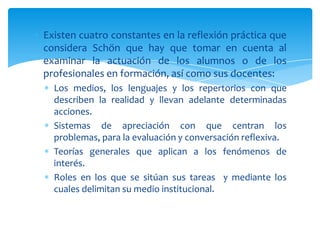 Existen cuatro constantes en la reflexión práctica que
considera Schön que hay que tomar en cuenta al
examinar la actuación de los alumnos o de los
profesionales en formación, así como sus docentes:
Los medios, los lenguajes y los repertorios con que
describen la realidad y llevan adelante determinadas
acciones.
Sistemas de apreciación con que centran los
problemas, para la evaluación y conversación reflexiva.
Teorías generales que aplican a los fenómenos de
interés.
Roles en los que se sitúan sus tareas y mediante los
cuales delimitan su medio institucional.
 