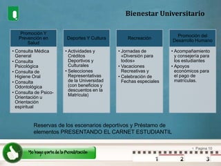 Bienestar UniversitarioReservas de los escenarios deportivos y Préstamo de elementos PRESENTANDO EL CARNET ESTUDIANTIL