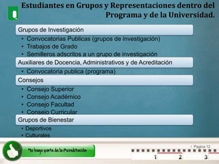 Estudiantes en Grupos y Representaciones dentro del Programa y de la Universidad.