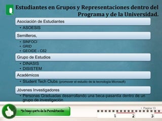 Estudiantes en Grupos y Representaciones dentro del Programa y de la Universidad.