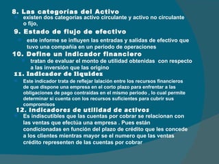 8. Las categorías del Activo existen dos categorías activo circulante y activo no circulante o fijo, este informe se influyen las entradas y salidas de efectivo que tuvo una compañía en un periodo de operaciones 9. Estado de flujo de efectivo 10. Define un indicador financiero tratan de evaluar el monto de utilidad obtenidas  con respecto a las inversión que las origino 11. Indicador de liquidez Este indicador trata de reflejar lalación entre los recursos financieros de que dispone una empresa en el corto plazo para enfrentar a las obligaciones de pago contraídas en el mismo periodo , lo cual permite determinar si cuenta con los recursos suficientes para cubrir sus compromisos 12. Indicadores de utilidad de activos Es indiscutibles que las cuentas por cobrar se relacionan con las ventas que efectúa una empresa . Pues están condicionadas en función del plazo de crédito que les concede a los clientes mientras mayor se el numero que las ventas crédito representen de las cuentas por cobrar  