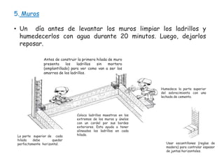 5. Muros

• Un día antes de levantar los muros limpiar los ladrillos y
humedecerlos con agua durante 20 minutos. Luego, dejarlos
reposar.
Antes de construir la primera hilada de muro
presenta
los
ladrillos
sin
mortero
(emplantillado) para ver como van a ser los
amarres de los ladrillos.

Humedece la parte superior
del sobrecimiento con una
lechada de cemento.

La parte superior de cada
hilada
debe
quedar
perfectamente horizontal.

Coloca ladrillos maestros en los
extremos de los muros y únelos
con un cordel por sus bordes
exteriores. Esto ayuda a tener
alineados los ladrillos en cada
hilada.
Usar escantillones (reglas de
madera) para controlar espesor
de juntas horizontales.

 