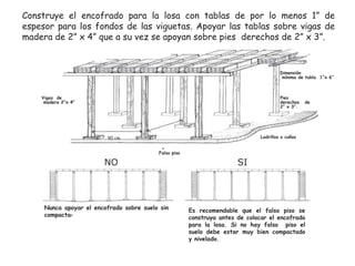 Construye el encofrado para la losa con tablas de por lo menos 1” de
espesor para los fondos de las viguetas. Apoyar las tablas sobre vigas de
madera de 2” x 4” que a su vez se apoyan sobre pies derechos de 2” x 3”.

Dimensión
mínima de tabla 1”x 6”

Vigas de
madera 2”x 4”

Pies
derechos
2” x 3”.

de

Ladrillos o cuñas

90 cm
Falso piso

NO

Nunca apoyar el encofrado sobre suelo sin
compactar

SI

Es recomendable que el falso piso se
construya antes de colocar el encofrado
para la losa. Si no hay falso piso el
suelo debe estar muy bien compactado
y nivelado.

 