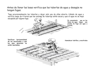 Antes de llenar las losas verifica que las tuberías de agua y desagüe no
tengan fugas.
Tapa provisionalmente las tuberías y dejar solo una de ellas abierta. Llénala de agua y
verifica luego de 4 horas que las uniones de tuberías estén secas y que el agua no se haya
escapado por alguna fuga.

Es conveniente
que en las
líneas de agua hagas
una
prueba de fuga con agua a
presión.

Verificar: horizontalidad
de los encofrados y que
los pies derechos no
estén inestables.

Humedecer ladrillos y encofrados

 