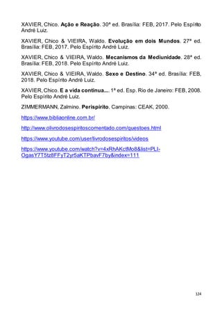 124
XAVIER, Chico. Ação e Reação. 30ª ed. Brasília: FEB, 2017. Pelo Espírito
André Luiz.
XAVIER, Chico & VIEIRA, Waldo. Evolução em dois Mundos. 27ª ed.
Brasília: FEB, 2017. Pelo Espírito André Luiz.
XAVIER, Chico & VIEIRA, Waldo. Mecanismos da Mediunidade. 28ª ed.
Brasília: FEB, 2018. Pelo Espírito André Luiz.
XAVIER, Chico & VIEIRA, Waldo. Sexo e Destino. 34ª ed. Brasília: FEB,
2018. Pelo Espírito André Luiz.
XAVIER,Chico. E a vida continua....1ª ed. Esp. Rio de Janeiro: FEB, 2008.
Pelo Espírito André Luiz.
ZIMMERMANN, Zalmino. Perispírito. Campinas: CEAK, 2000.
https://www.bibliaonline.com.br/
http://www.olivrodosespiritoscomentado.com/questoes.html
https://www.youtube.com/user/livrodosespiritos/videos
https://www.youtube.com/watch?v=4xRhAKctMo8&list=PLI-
OgasY7T5tz8FFyT2yr5aKTPbavF7by&index=111
 