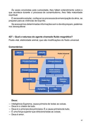 47
Às vezes envolvidas pela curiosidade, lhes faltam entendimento sobre o
que acontece durante o processo de sonambulismo, lhes falta maturidade
espiritual.
É necessário estudar, conheceros processosde emancipação da alma, se
preparar para as vivências de Espírito.
Se acessarmos determinadas informaçõessem o devidopreparo,podemos
nos desequilibrar.
427 – Qual a natureza do agente chamado fluido magnético?
Fluido vital, eletricidade animal, que são modificações do fluido universal.
Comentários:
Deus:
— Inteligência Suprema, causa primeira de todas as coisas.
— Deus é o criador de tudo.
— Deus é o princípio dos princípios.É a causa primeira de tudo.
— É uma força superior que direciona todas as coisas.
— Deus é amor.
 