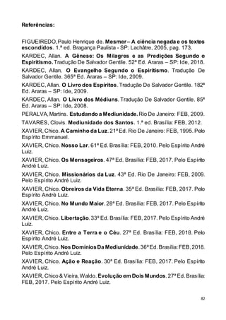 82
Referências:
FIGUEIREDO,Paulo Henrique de. Mesmer– A ciência negada e os textos
escondidos. 1.ª ed. Bragança Paulista - SP: Lachâtre, 2005, pag. 173.
KARDEC, Allan. A Gênese: Os Milagres e as Predições Segundo o
Espiritismo. Tradução De Salvador Gentile. 52ª Ed. Araras – SP: Ide, 2018.
KARDEC, Allan. O Evangelho Segundo o Espiritismo. Tradução De
Salvador Gentile. 365ª Ed. Araras – SP: Ide, 2009.
KARDEC,Allan. O Livro dos Espíritos.Tradução De Salvador Gentile. 182ª
Ed. Araras – SP: Ide, 2009.
KARDEC, Allan. O Livro dos Médiuns. Tradução De Salvador Gentile. 85ª
Ed. Araras – SP: Ide, 2008.
PERALVA,Martins. Estudando a Mediunidade. Rio De Janeiro: FEB, 2009.
TAVARES, Clovis. Mediunidade dos Santos. 1.ª ed. Brasília: FEB, 2012.
XAVIER,Chico.A Caminho da Luz.21ª Ed. Rio De Janeiro: FEB, 1995. Pelo
Espírito Emmanuel.
XAVIER, Chico. Nosso Lar. 61ª Ed. Brasília: FEB, 2010. Pelo Espírito André
Luiz.
XAVIER, Chico. Os Mensageiros. 47ª Ed. Brasília: FEB, 2017. Pelo Espírito
André Luiz.
XAVIER, Chico. Missionários da Luz. 43ª Ed. Rio De Janeiro: FEB, 2009.
Pelo Espírito André Luiz.
XAVIER, Chico. Obreiros da Vida Eterna. 35ª Ed. Brasília: FEB, 2017. Pelo
Espírito André Luiz.
XAVIER, Chico. No Mundo Maior. 28ª Ed. Brasília: FEB, 2017. Pelo Espírito
André Luiz.
XAVIER,Chico. Libertação.33ª Ed. Brasília: FEB, 2017.Pelo Espírito André
Luiz.
XAVIER, Chico. Entre a Terra e o Céu. 27ª Ed. Brasília: FEB, 2018. Pelo
Espírito André Luiz.
XAVIER,Chico.Nos DomíniosDa Mediunidade.36ª Ed. Brasília:FEB,2018.
Pelo Espírito André Luiz.
XAVIER, Chico. Ação e Reação. 30ª Ed. Brasília: FEB, 2017. Pelo Espírito
André Luiz.
XAVIER, Chico & Vieira,Waldo. Evolução em Dois Mundos.27ª Ed. Brasília:
FEB, 2017. Pelo Espírito André Luiz.
 