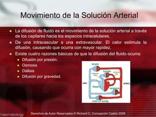 Movimiento de la Solución ArterialLa difusión de fluido es el movimiento de la solución arterial a través de los capilares hacia los espacios intracelulares.De una intravascular a una extravascular. El calor estimula la difusión, causando que ocurra con mayor rapidez.Existe cuatro razones básicas de que la difusión del fluido ocurra:Difusión por presión.OsmosisDiálisisDifusión por gravedad.Derechos de Autor Reservados © Richard C. Concepción Castro 2008