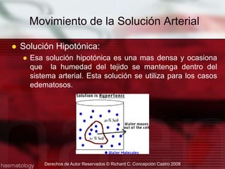 Solución Hipotónica:Esa solución hipotónica es una mas densa y ocasiona que  la humedad del tejido se mantenga dentro del sistema arterial. Esta solución se utiliza para los casos edematosos. Movimiento de la Solución ArterialDerechos de Autor Reservados © Richard C. Concepción Castro 2008