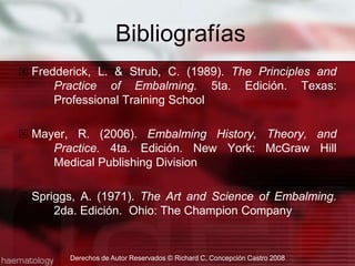 La desaparición de la decoloración de los vasos sanguíneos:  La utilización de una solución arterial con un tinte activo, se observará cuando la solución arterial remueve la sangre congestionada en los capilares.Distensión de los vasos sanguíneos superficiales: Según progresa la inyección arterial y el drenaje se mantiene cerrado, los vasos sanguíneos superficiales comienzan una distensión apreciable de que la solución esta saturando las áreas tratadas.Señales de la DistribuciónDerechos de Autor Reservados © Richard C. Concepción Castro 2008