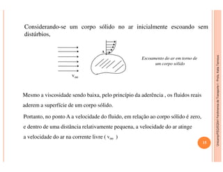 Unicamp/FEQ/EQ541FenômenosdeTransporteI-Profa.KatiaTannous
Considerando-se um corpo sólido no ar inicialmente escoando sem
distúrbios,
A
Escoamento do ar em torno de
um corpo sólido
v∞
Unicamp/FEQ/EQ541FenômenosdeTransporteI
Mesmo a viscosidade sendo baixa, pelo princípio da aderência , os fluidos reais
aderem a superfície de um corpo sólido.
Portanto, no ponto A a velocidade do fluido, em relação ao corpo sólido é zero,
e dentro de uma distância relativamente pequena, a velocidade do ar atinge
a velocidade do ar na corrente livre ( )v∞
15
 