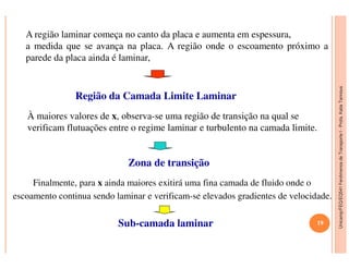 Unicamp/FEQ/EQ541FenômenosdeTransporteI-Profa.KatiaTannous
À maiores valores de x, observa-se uma região de transição na qual se
verificam flutuações entre o regime laminar e turbulento na camada limite.
Região da Camada Limite Laminar
A região laminar começa no canto da placa e aumenta em espessura,
a medida que se avança na placa. A região onde o escoamento próximo a
parede da placa ainda é laminar,
Unicamp/FEQ/EQ541FenômenosdeTransporteI
Finalmente, para x ainda maiores exitirá uma fina camada de fluido onde o
escoamento continua sendo laminar e verificam-se elevados gradientes de velocidade.
Sub-camada laminar
Zona de transição
19
 