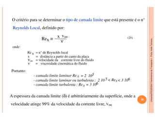 Unicamp/FEQ/EQ541FenômenosdeTransporteI-Profa.KatiaTannous
O critério para se determinar o tipotipo dede camadacamada limitelimite que está presente é o n°
Reynolds LocalReynolds Local, definido por:
Rex ≡
x v∞
ν
onde:
Re x = n° de Reynolds local
x = distância a partir do canto da placa
= velocidade da corrente livre do fluido
(25)
v∞
Unicamp/FEQ/EQ541FenômenosdeTransporteI
= velocidade da corrente livre do fluido
ν = viscosidade cinemática do fluido
Portanto:
- camada limite laminar Re x = 2 105
- camada limite laminar ou turbulenta : 2 10 5 < Rex< 3 106
- camada limite turbulenta : Rex = 3 106
A espessura da camada limite (δ) é arbitráriarmente da superfície, onde a
velocidade atinge 99% da velocidade da corrente livre,
v∞
v∞
20
 