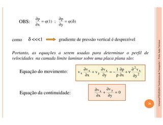 Unicamp/FEQ/EQ541FenômenosdeTransporteI-Profa.KatiaTannous
OBS:
como δ <<<1 gradiente de pressão vertical é desprezível
Portanto, as equações a serem usadas para determinar o perfil de
velocidades na camada limite laminar sobre uma placa plana são:
)φ(
y
p
;φ(1)
x
p
δ=
∂
∂
=
∂
∂
Unicamp/FEQ/EQ541FenômenosdeTransporteI
2
x
2
x
y
x
x
y
v
x
p1
y
v
v
x
v
v
∂
∂
ν+
∂
∂
ρ
−=
∂
∂
+
∂
∂
Equação do movimento:
0
y
v
x
v yx =
∂
∂
+
∂
∂
Equação da continuidade:
26
 