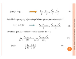 Unicamp/FEQ/EQ541FenômenosdeTransporteI-Profa.KatiaTannous
para y1 = y2
Admitindo que x1e x2 sejam tão próximos que se possam escrever:
2
v
2
v
ρ
p
ρ
p
2
x
2
xxx 1221
−=−
∆xxx 12 +=
2
vv
ρ
pp
2
x
2
∆xxxxx 1111 −+∆+−
=
(31)
(32)
Unicamp/FEQ/EQ541FenômenosdeTransporteI
0∆xquandolimiteotomandoe∆x,porDividindo →
x2∆
vv
lim
ρ∆x
p
lim
2
x
2
∆xx
0x
px
0x
11∆x1x1 −+
→∆
−
→∆
=
+
Então:
dx
dv
2
1
dx
dp
ρ
1 2
x=
28
(33)
(34)
 