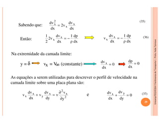 Unicamp/FEQ/EQ541FenômenosdeTransporteI-Profa.KatiaTannous
Sabendo que:
dx
dv
2v
dx
dv x
x
2
x =
Então:
dx
dp
ρ
1
dx
dv
2v
2
1 x
x −=
dx
dp
ρ
1
dx
dv
v x
x −=
Na extremidade da camada limite:
y = δ v = V (constante) dvx = 0
dp
=
(35)
(36)
Unicamp/FEQ/EQ541FenômenosdeTransporteI
y = δ vx = V (constante)
8
0
dx
dvx = 0
dx
dp
=
As equações a serem utilizadas para descrever o perfil de velocidade na
camada limite sobre uma placa plana são:
e2
x
2
x
y
x
x
y
v
ν
dy
dv
v
dx
dv
v
∂
∂
=+ 0
dy
dv
dx
dv yx =+
29
(37)
 