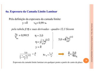 Unicamp/FEQ/EQ541FenômenosdeTransporteI-Profa.KatiaTannous
6a. Espessura da Camada Limite Laminar
Pela definição da espessura da camada limite:
pela tabela f(η) e suas derivadas - quadro 12.3 Sissom
vx
V∞
= 0,9915 η = 5,0
y =δ vx= 0,99 v∞
v∞
1/2
Unicamp/FEQ/EQ541FenômenosdeTransporteI
V∞
= 0,9915 η = 5,0
η= y
v∞
xν
1/2
y = δ
5,0
v ∞ x
ν
1/2
= δ
x
δ
x= 5,0
Rex
Re x =
v
∞
x
ν
Espessura da camada limite laminar em qualquer ponto a partir do canto da placa
36
5,0 =δ
v∞
xν
1/2
 