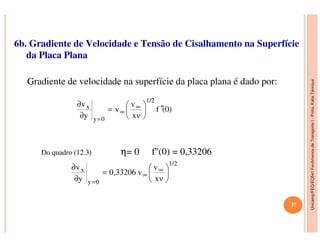 Unicamp/FEQ/EQ541FenômenosdeTransporteI-Profa.KatiaTannous
6b. Gradiente de Velocidade e Tensão de Cisalhamento na Superfície
da Placa Plana
Gradiente de velocidade na superfície da placa plana é dado por:
(0)f
xν
v
v
y
v
1/2
0y
x ′′





=
∂
∂ ∞
∞
=
Unicamp/FEQ/EQ541FenômenosdeTransporteI
Do quadro (12.3) η= 0 f''(0) = 0,33206
1/2
0y
x
xν
v
v33206,0
y
v






=
∂
∂ ∞
∞
=
37
 
