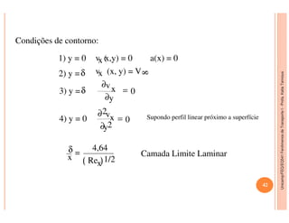 Unicamp/FEQ/EQ541FenômenosdeTransporteI-Profa.KatiaTannous
1) y = 0 vx (x,y) = 0 a(x) = 0
2) y =δ vx (x, y) = V
8
3) y =δ 0
y
vx =
∂
∂
v2∂
Condições de contorno:
Unicamp/FEQ/EQ541FenômenosdeTransporteI
4) y = 0 0
y
v
2
x
2
=
∂
∂ Supondo perfil linear próximo a superfície
δ
x
=
4,64
Rex 1/2
Camada Limite Laminar
42
 