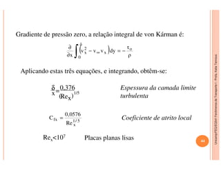 Unicamp/FEQ/EQ541FenômenosdeTransporteI-Profa.KatiaTannous
Gradiente de pressão zero, a relação integral de von Kárman é:
( ) ρ
τ
dyvvv
x
o
δ
0
x
2
x −=−
∂
∂
∫ ∞
Aplicando estas três equações, e integrando, obtêm-se:
δ 0,376 Espessura da camada limite
Unicamp/FEQ/EQ541FenômenosdeTransporteI
δ
x=0,376
Rex( )
1/5
Espessura da camada limite
turbulenta
Coeficiente de atrito local5/1
x
fx
Re
0576,0
C =
Rex<107
Placas planas lisas 44
 