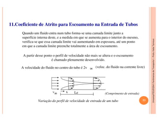 Unicamp/FEQ/EQ541FenômenosdeTransporteI-Profa.KatiaTannous
11.Coeficiente de Atrito para Escoamento na Entrada de Tubos
Quando um fluido entra num tubo forma-se uma camada limite junto a
superfície interna deste, e a medida em que se aumenta para o interior do mesmo,
verifica-se que essa camada limite vai aumentando em espessura, até um ponto
em que a camada limite preenche totalmente a área de escoamento.
A partir desse ponto o perfil de velocidade não mais se altera e o escoamento
é chamado plenamente desenvolvido.
Unicamp/FEQ/EQ541FenômenosdeTransporteI
é chamado plenamente desenvolvido.
A velocidade do fluido no centro do tubo é 2v (veloc. do fluido na corrente livre)
LexV
Variação do perfil de velocidade de entrada de um tubo
(Comprimento de entrada)
53
 