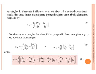 Unicamp/FEQ/EQ541FenômenosdeTransporteI-Profa.KatiaTannous
A rotação do elemento fluido em torno do eixo z é a velocidade angular
média das duas linhas mutuamente perpendiculares oa e ob do elemento,
no plano xy:
Considerando a rotação das duas linhas perpendiculares nos planos yz e
xz, podemos mostrar que:






∂
∂
−
∂
∂
=
y
v
x
v
2
1
w xy
z
(9)
Unicamp/FEQ/EQ541FenômenosdeTransporteI
xz, podemos mostrar que:
e
então:






∂
∂
−
∂
∂
=
z
v
y
v
2
1
w
yz
x 





∂
∂
−
∂
∂
=
x
v
z
v
2
1
w zx
y












∂
∂
−
∂
∂
+





∂
∂
−
∂
∂
+





∂
∂
−
∂
∂
= z
xy
y
zx
x
yz e
y
v
x
v
e
z
v
z
v
e
z
v
z
v
2
1
w
rrrr
(10)
(11)
6
 
