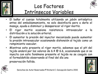 Los Factores Intrínsecos Variables El bañar el cuerpo totalmente utilizando un jabón antiséptico antes del embalsamamiento, no solo desinfecta pero a darle el masaje, ayuda a disminuir y desaparecer el rigor mortis.El rigor mortis ocasiona resistencia intravascular a la distribución a la solución arterial.El aumentar la presión del inyector mecanizado puede aumentar la presión intravascular ocasionando distensión al tejido como un rompimiento vascular.Mientras este presente el rigor mortis, sabemos que el pH del tejido andará por los valores de 6.4 @ 6.6, ocasionando que si se inyecta con este fenómeno presente el tejido no se coagule con el formaldehído observando al final del día una 	preservación fallida.Derechos de Autor Reservados © Richard C. Concepción Castro 2010