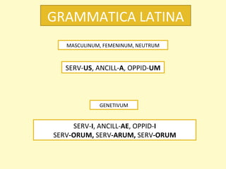 GRAMMATICA LATINA MASCULINUM, FEMENINUM, NEUTRUM SERV- US , ANCILL- A , OPPID- UM GENETIVUM SERV- I , ANCILL- AE , OPPID- I SERV -ORUM,  SERV -ARUM,  SERV -ORUM 