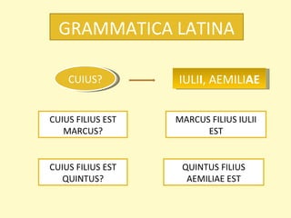 GRAMMATICA LATINA CUIUS? IULI I , AEMILI AE CUIUS FILIUS EST MARCUS? CUIUS FILIUS EST QUINTUS? MARCUS FILIUS IULII EST QUINTUS FILIUS AEMILIAE EST 