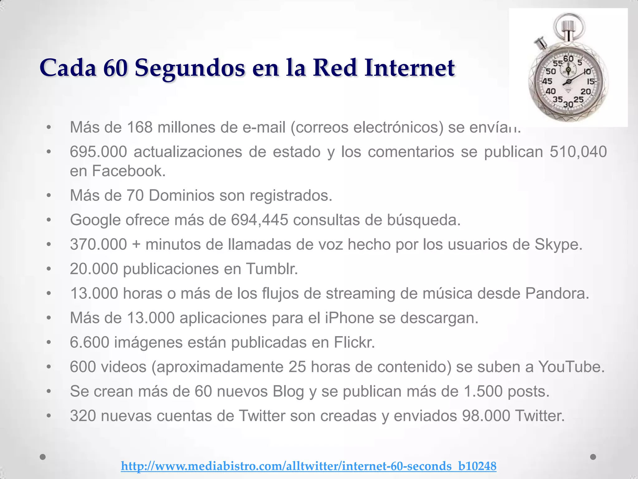 Cada 60 Segundos en la Red Internet

•   Más de 168 millones de e-mail (correos electrónicos) se envían.
•   695.000 actualizaciones de estado y los comentarios se publican 510,040
    en Facebook.
•   Más de 70 Dominios son registrados.
•   Google ofrece más de 694,445 consultas de búsqueda.
•   370.000 + minutos de llamadas de voz hecho por los usuarios de Skype.
•   20.000 publicaciones en Tumblr.
•   13.000 horas o más de los flujos de streaming de música desde Pandora.
•   Más de 13.000 aplicaciones para el iPhone se descargan.
•   6.600 imágenes están publicadas en Flickr.
•   600 videos (aproximadamente 25 horas de contenido) se suben a YouTube.
•   Se crean más de 60 nuevos Blog y se publican más de 1.500 posts.
•   320 nuevas cuentas de Twitter son creadas y enviados 98.000 Twitter.


           http://www.mediabistro.com/alltwitter/internet-60-seconds_b10248
 