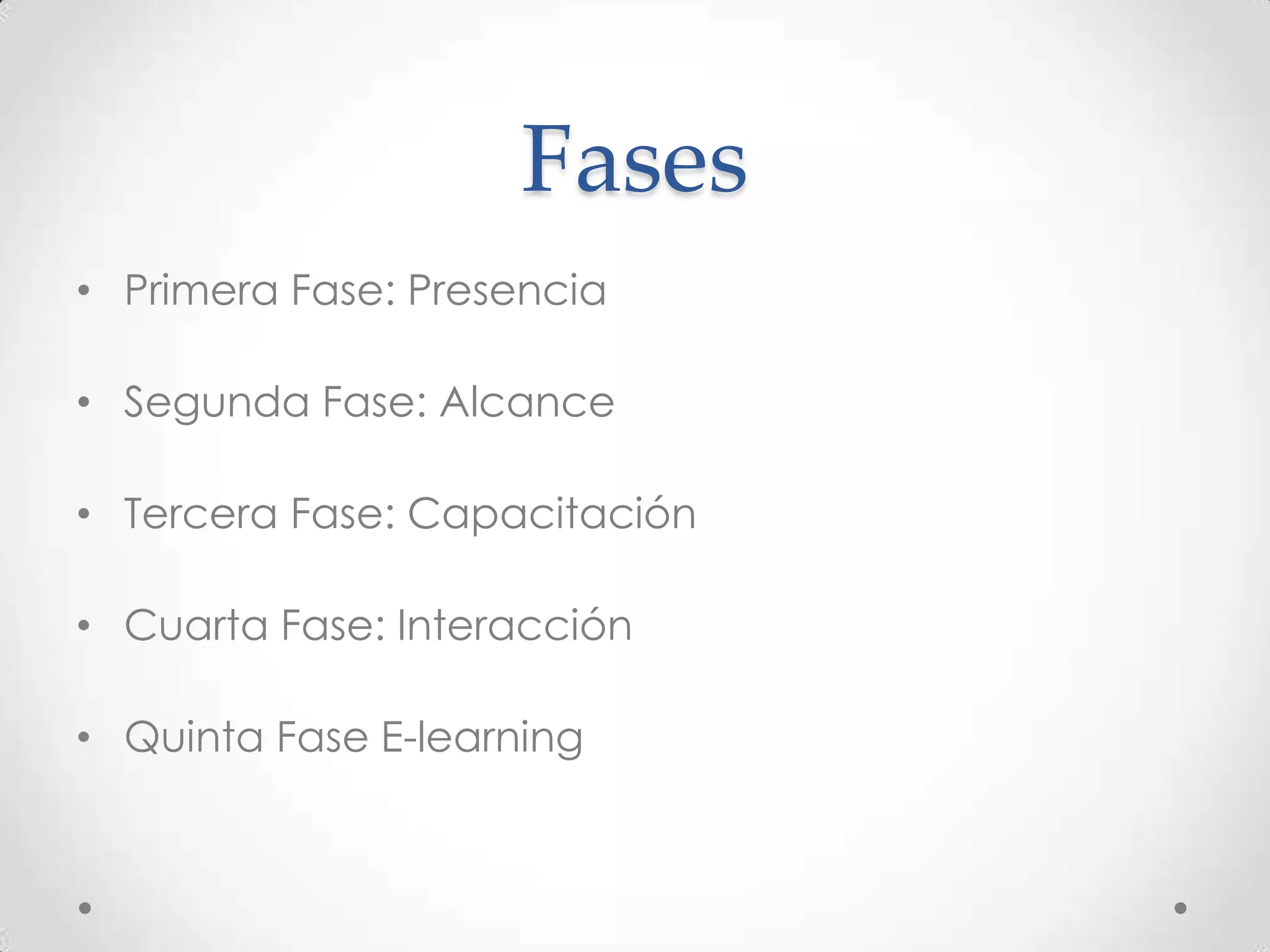 Fases
• Primera Fase: Presencia

• Segunda Fase: Alcance

• Tercera Fase: Capacitación

• Cuarta Fase: Interacción

• Quinta Fase E-learning
 