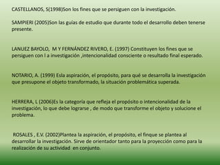CASTELLANOS, S(1998)Son los fines que se persiguen con la investigación.

SAMPIERI (2005)Son las guías de estudio que durante todo el desarrollo deben tenerse
presente.


LANUEZ BAYOLO, M Y FERNÁNDEZ RIVERO, E. (1997) Constituyen los fines que se
persiguen con l a investigación ,intencionalidad consciente o resultado final esperado.


NOTARIO, A. (1999) Esla aspiración, el propósito, para qué se desarrolla la investigación
que presupone el objeto transformado, la situación problemática superada.


HERRERA, L (2006)Es la categoría que refleja el propósito o intencionalidad de la
investigación, lo que debe lograrse , de modo que transforme el objeto y solucione el
problema.


 ROSALES , E.V. (2002)Plantea la aspiración, el propósito, el finque se plantea al
desarrollar la investigación. Sirve de orientador tanto para la proyección como para la
realización de su actividad en conjunto.
 