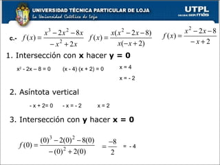 x 2  - 2x – 8 = 0 (x - 4) (x + 2) = 0 x = 4 x = - 2 - x + 2= 0 - x = - 2 x = 2 =  - 4 c.- 1. Intersección con  x  hacer  y = 0 2. Asíntota vertical 3. Intersección con  y  hacer  x = 0 
